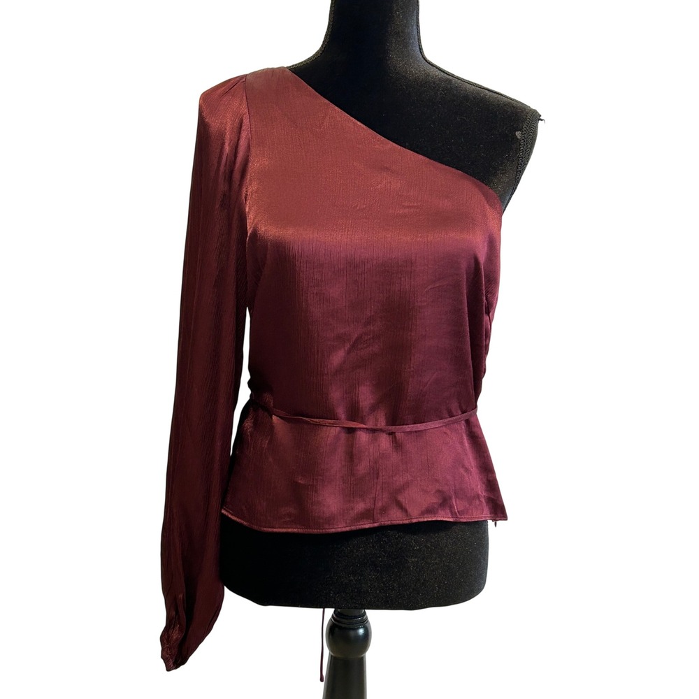 Minkpink Womens One Shoulder Long Sleeve Satin Tie Waist Top Wine Burgundy M